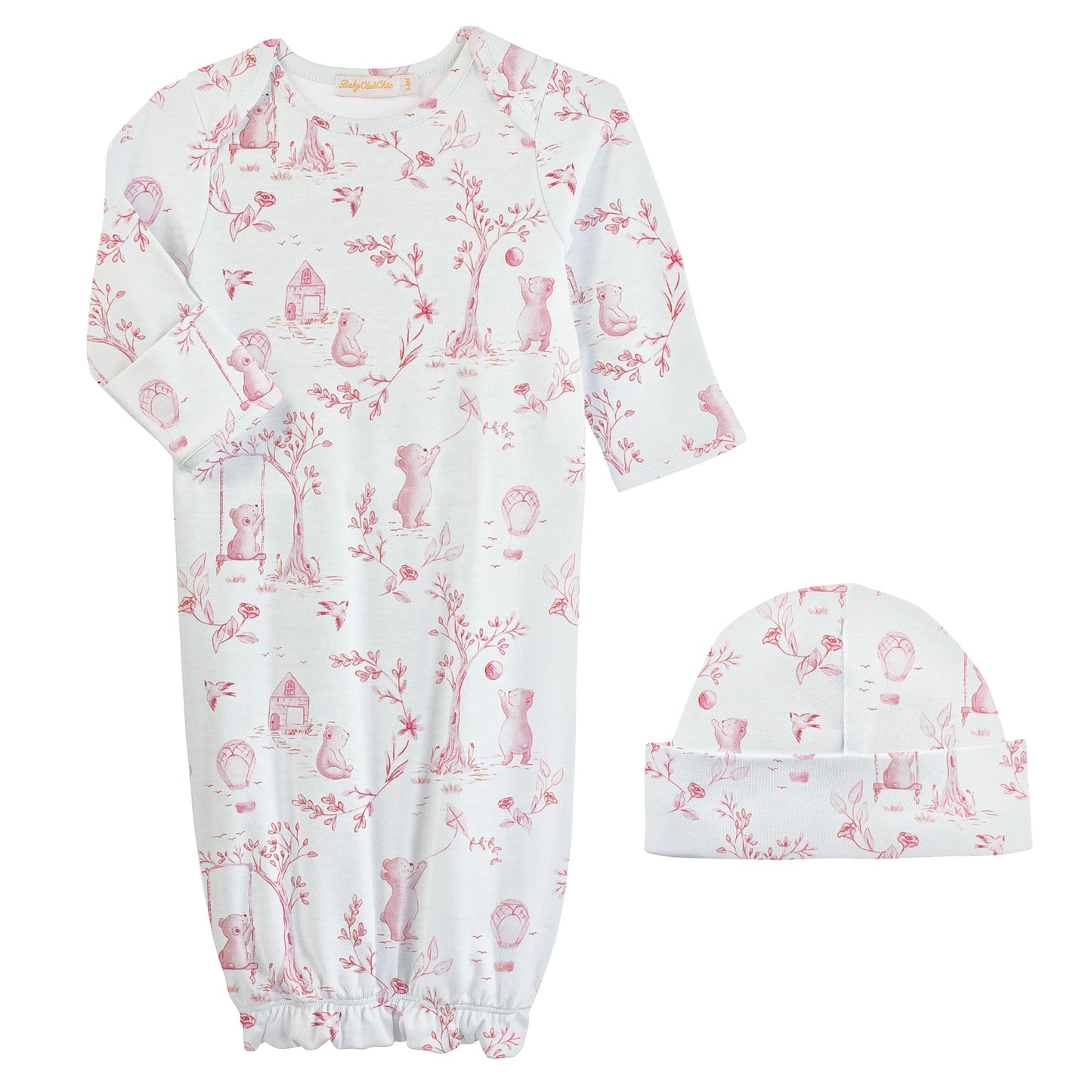 Printed Gown & Hat Set, Toile de Jouy Pink