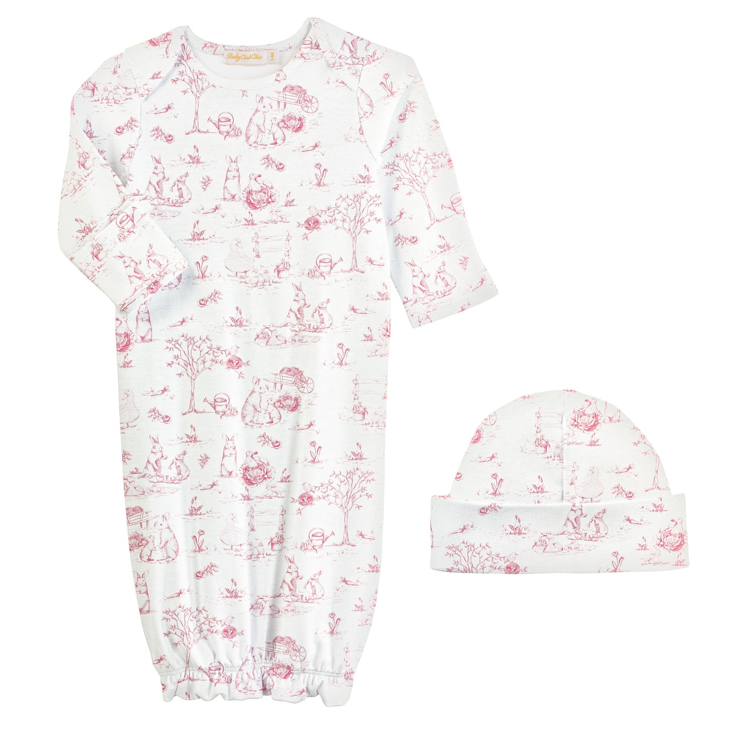 Printed Gown & Hat Set, Pink Toile Bunnies