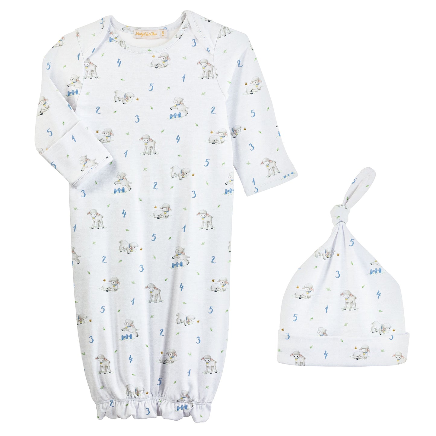 Printed Gown & Hat Set, Counting Baby Sheep Blue