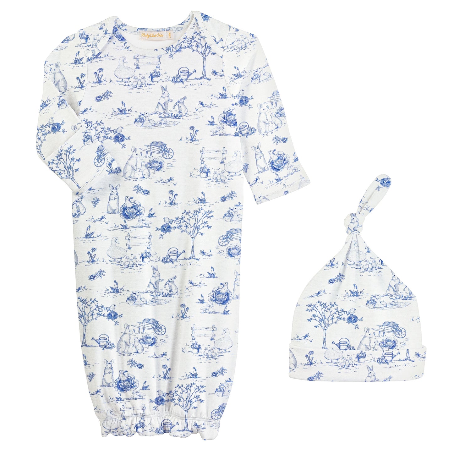 Printed Gown & Hat Set, Blue Toile Bunnies