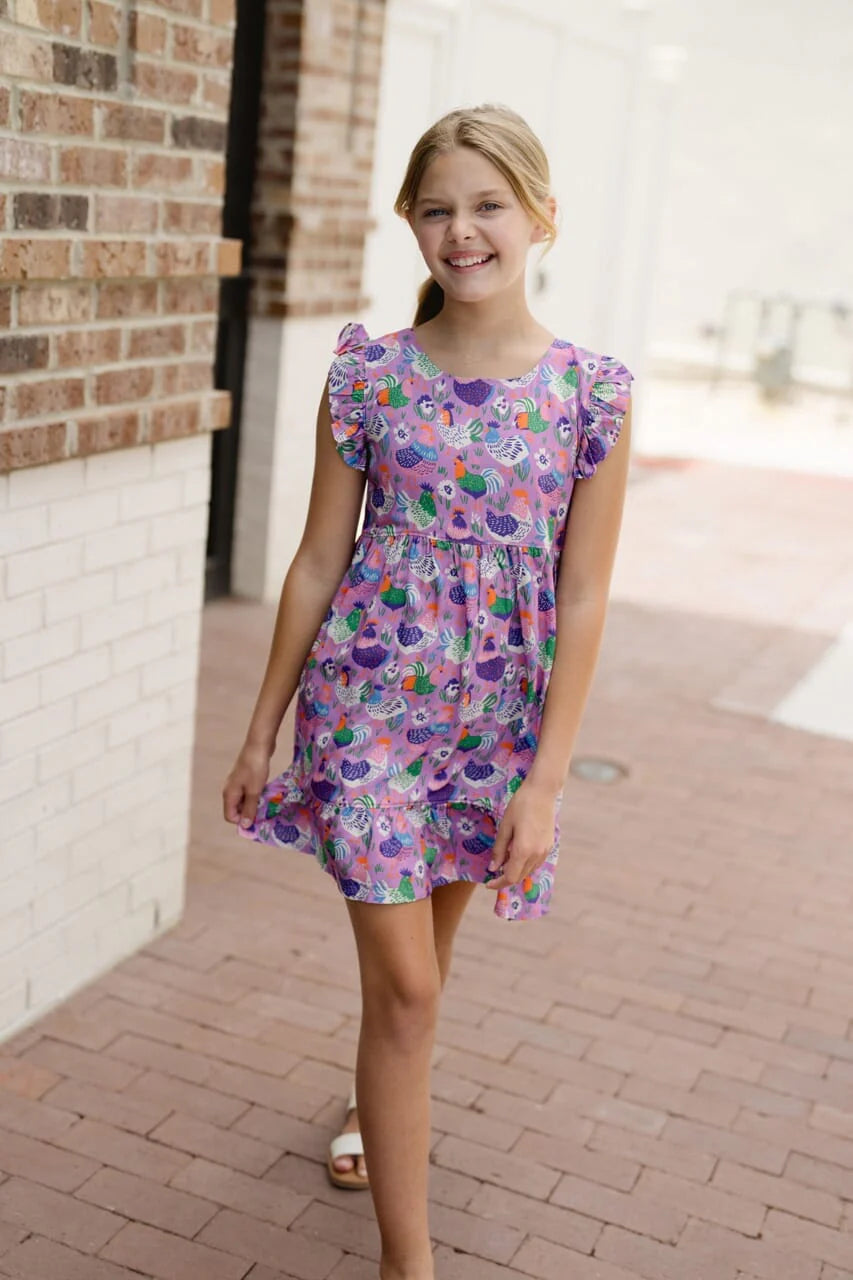 Girls Sophia Dress - Lilac Chickens
