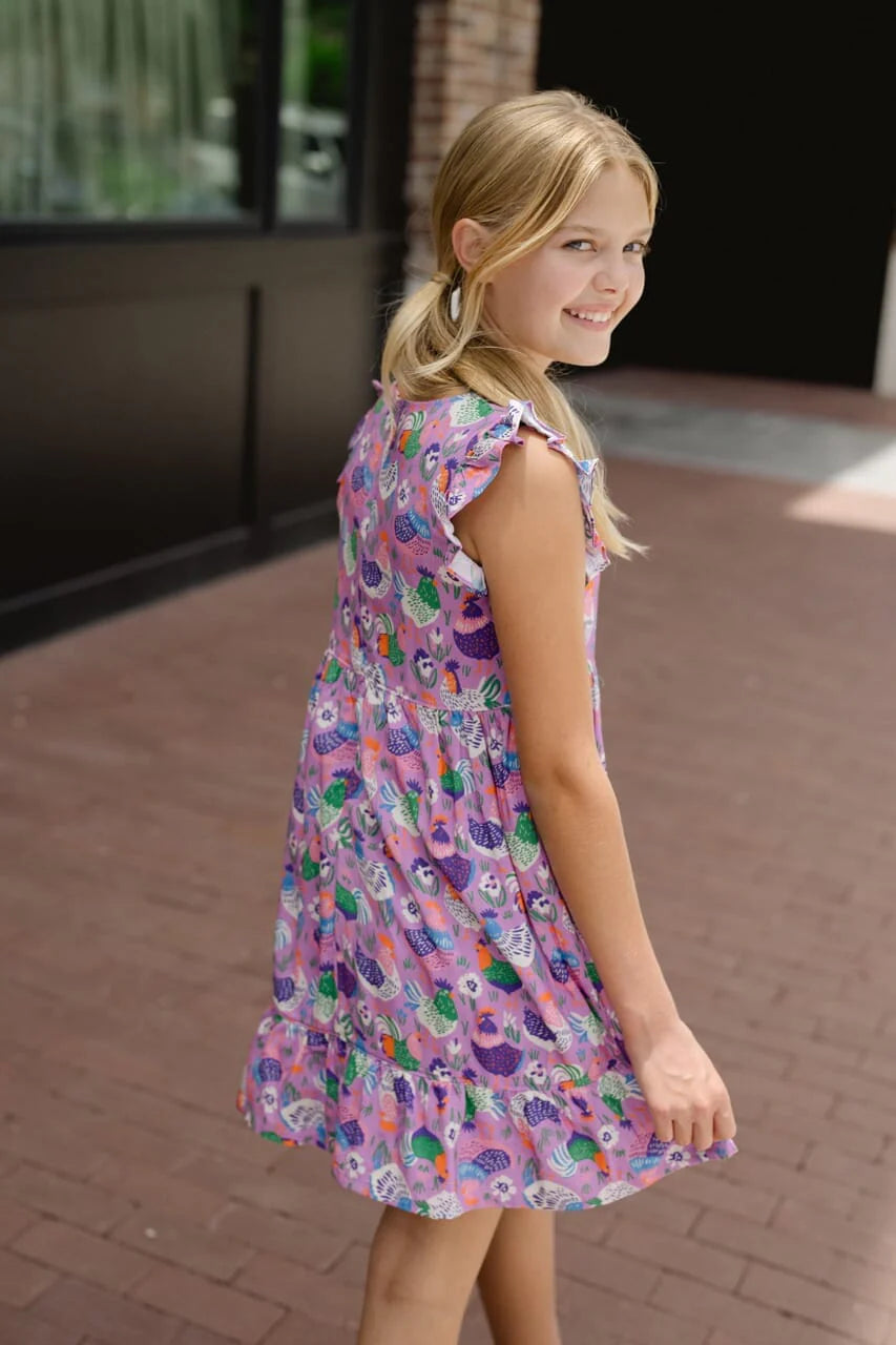 Girls Sophia Dress - Lilac Chickens
