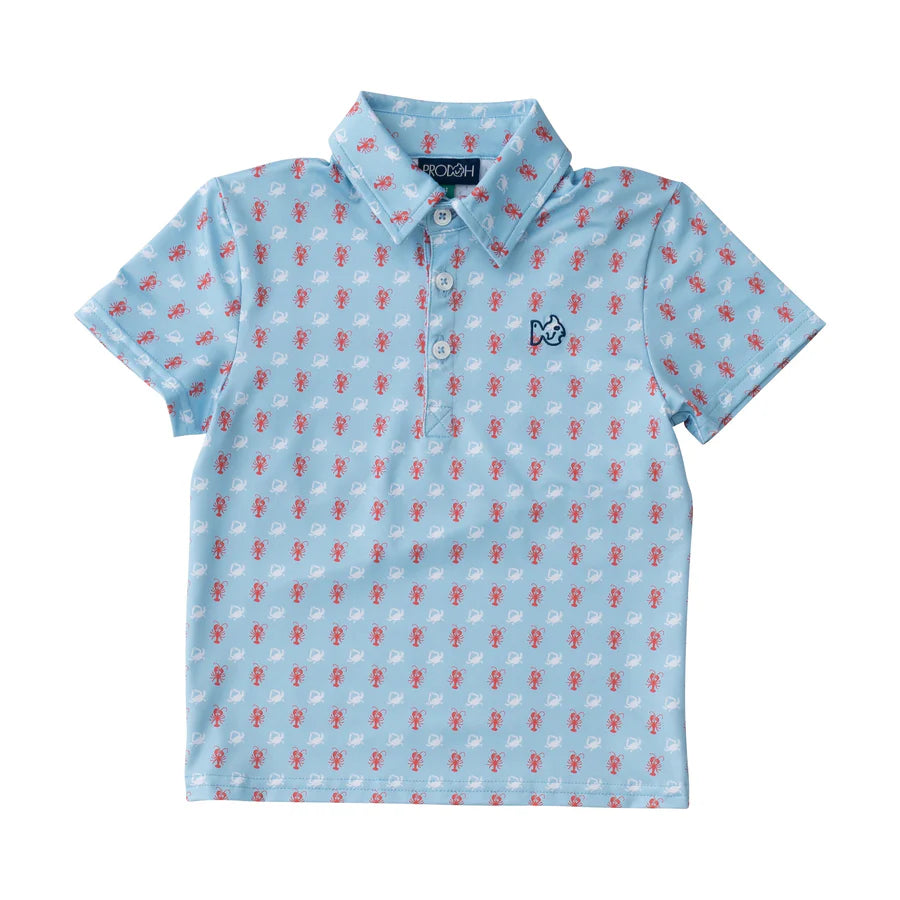 BOYS SHORT SLEEVE PRO PERFORMANCE POLO IN CRAB AND LOBSTER PRINT ON LIGHT BLUE
