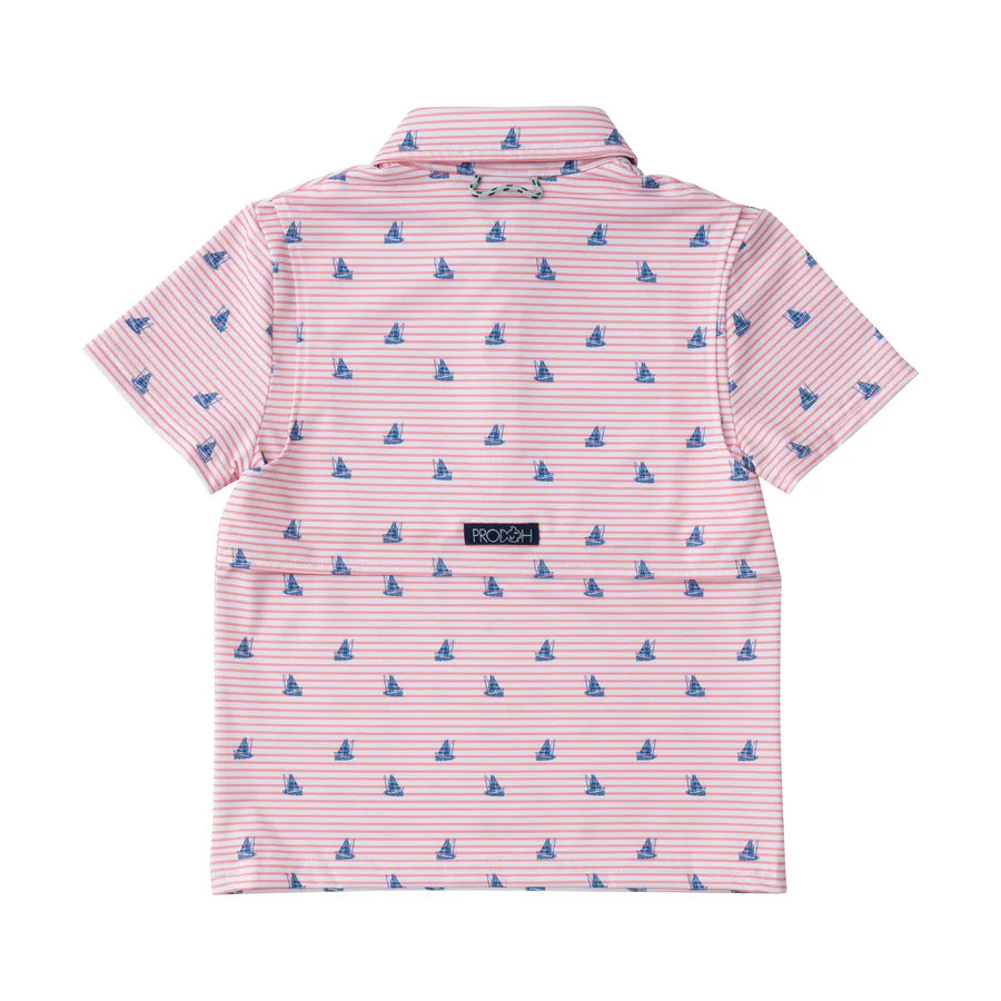BOYS SHORT SLEEVE PRO PERFORMANCE POLO IN FISHING BOAT PRINT ON SPICED CORAL STRIPE