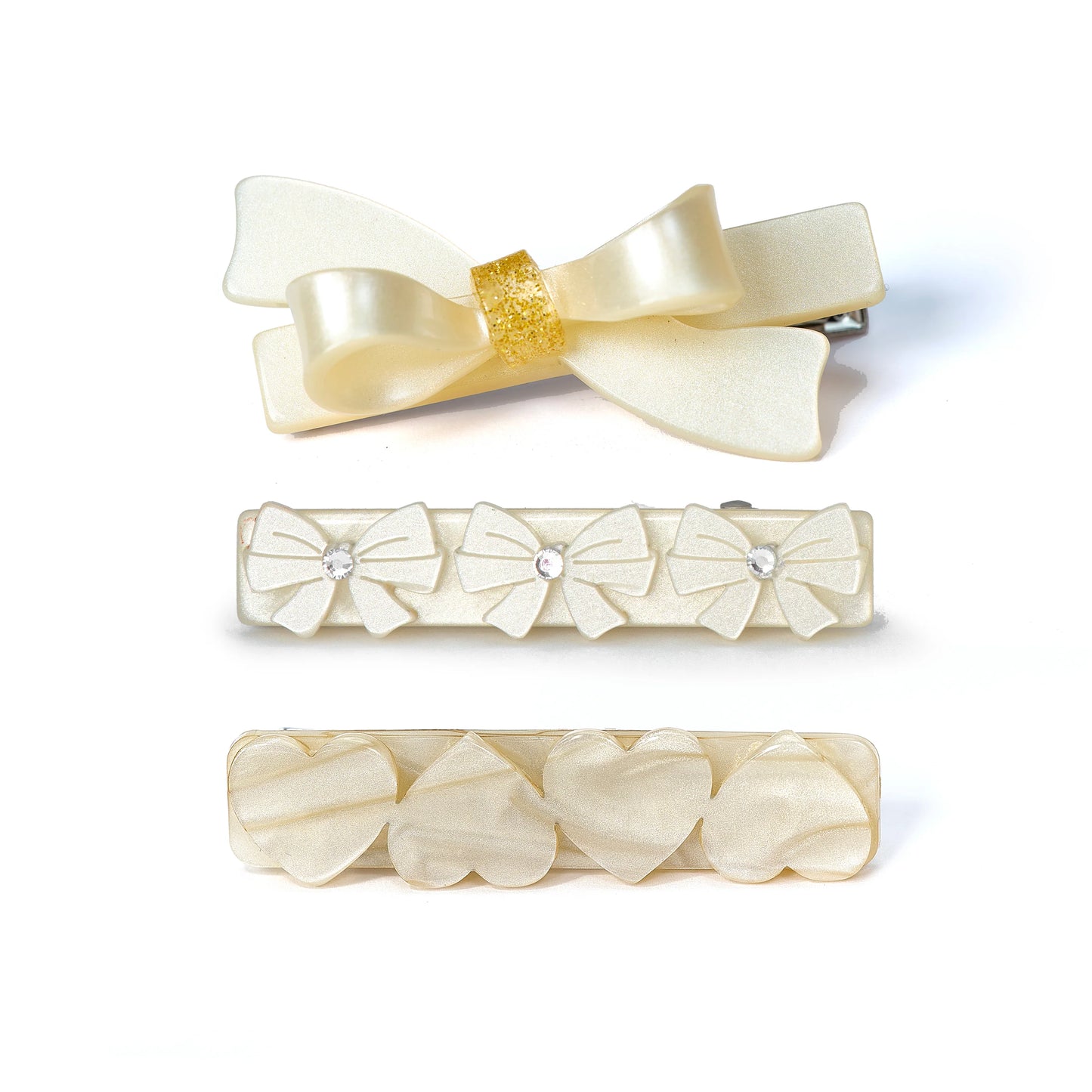 Bows and Hearts Pearl White Hair Clips