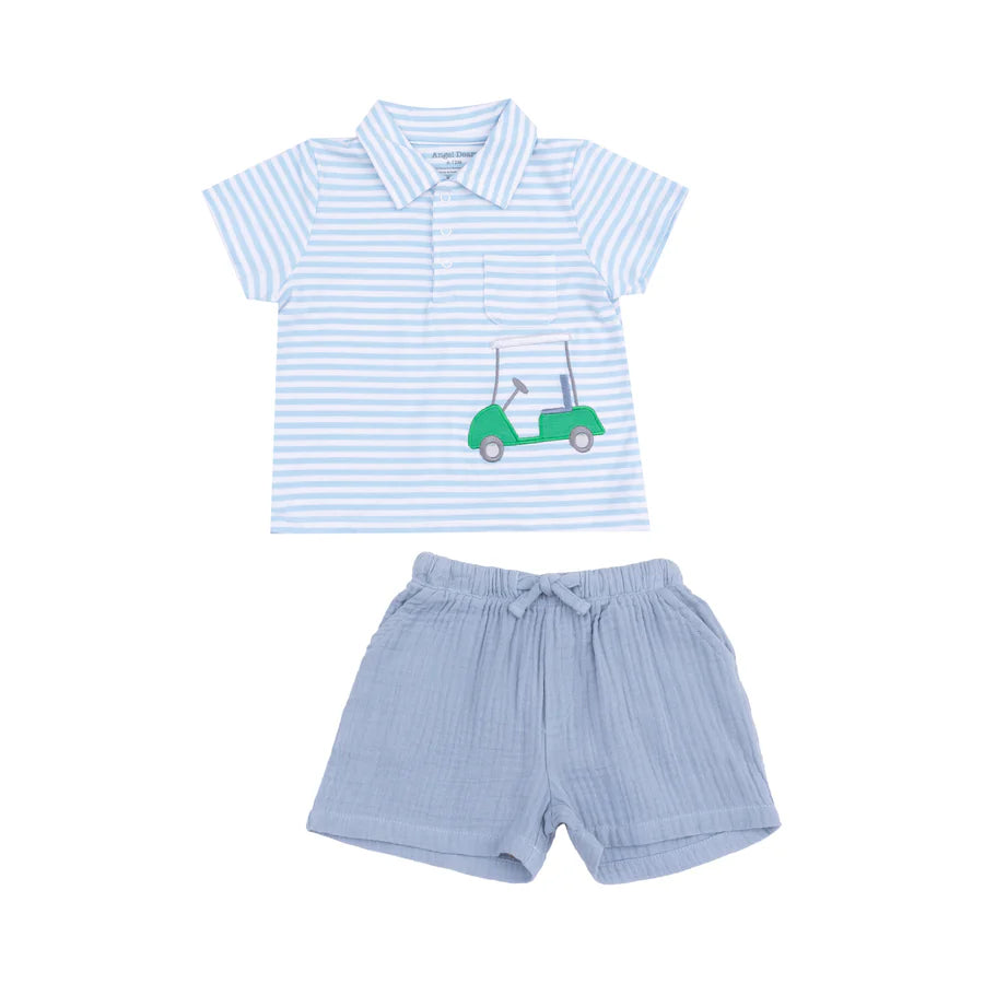 POLO SHIRT WITH APPLIQUE AND BAMBOO SHORT - GOLF BLUE STRIPE