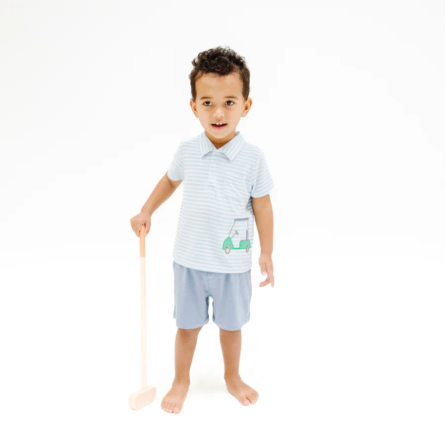 POLO SHIRT WITH APPLIQUE AND BAMBOO SHORT - GOLF BLUE STRIPE