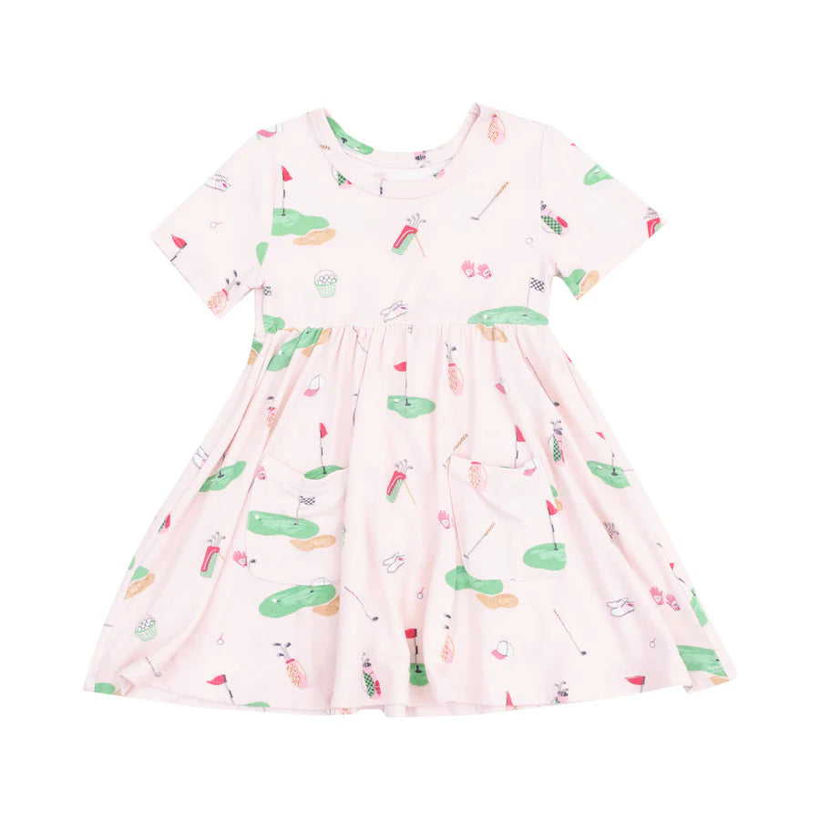 SHORT SLEEVE TWIRLY DRESS - GOLF THINGS PINK