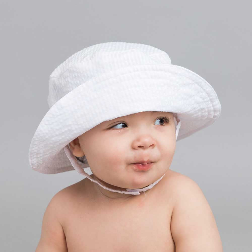 White Seersucker UPF 25+ Bucket Hat for Babies and Toddlers