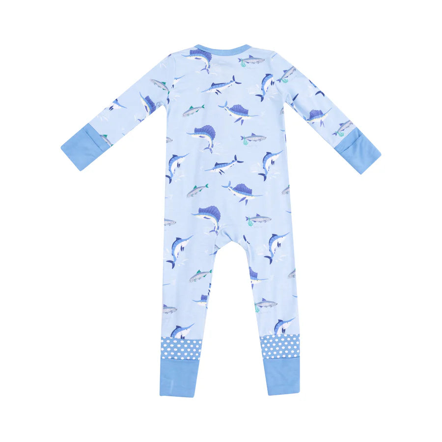 2 Way Zipper Romper, Deep Sea Fishing Blue
