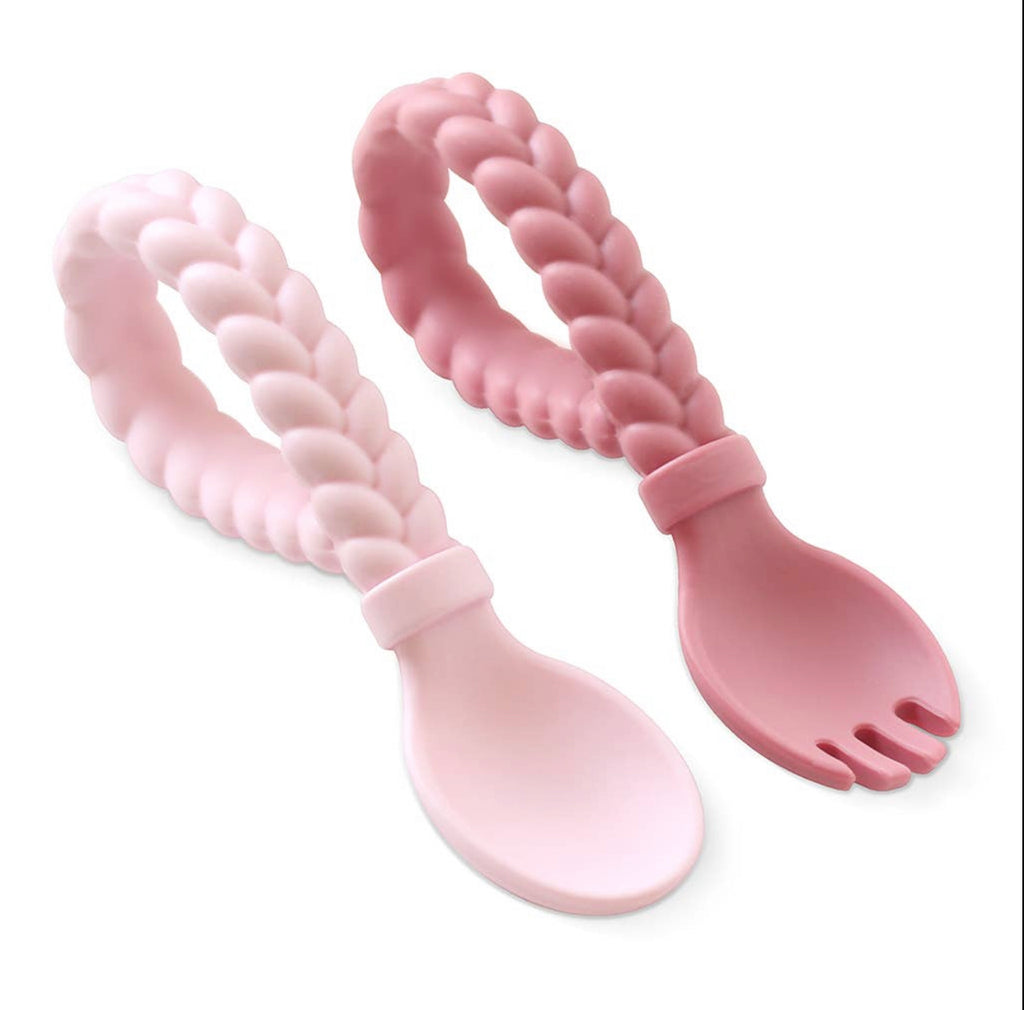Sweetie Spoons™  Silicone Baby Fork + Spoon Set, Pink - Lily Pad