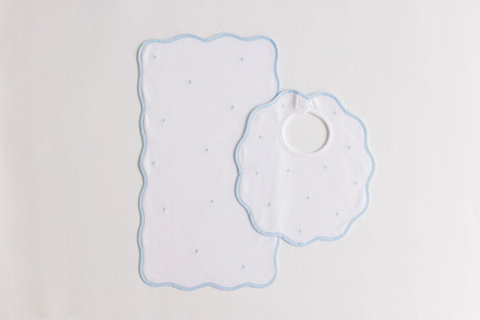 Bib & Burp Set, Blue Embroidered Dots