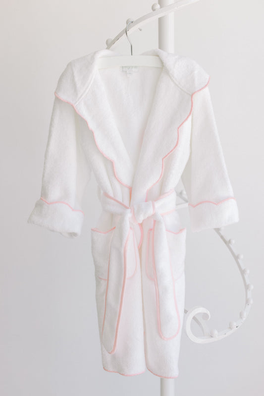 Bathrobe, White with Pink Scalloped Trim