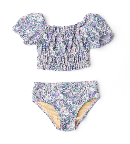 Smocked Puff Sleeve 2-piece Bathing Suit, Flower Power Purple