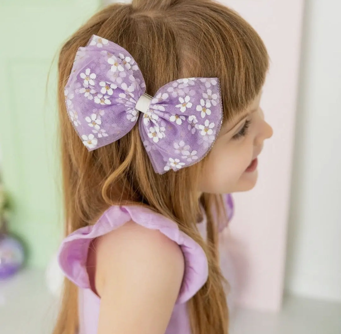 Lavender Ditsy Daisy Tulle Bow Clip