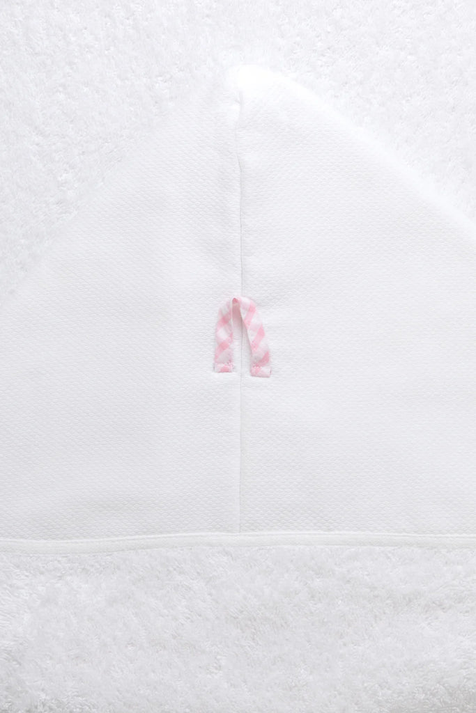 3 marthas pink bunny applique hooded towel.  pink bunnies and tulips on hooded white cotton terry towel.  hood trimmed in pink seersucker