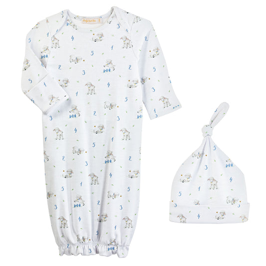 Printed Gown & Hat Set, Counting Baby Sheep Blue