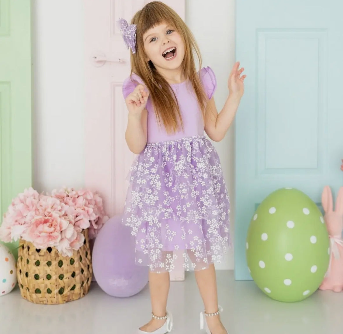 Lavender Ditsy Daisy Tiered Short Sleeve Tutu Dress