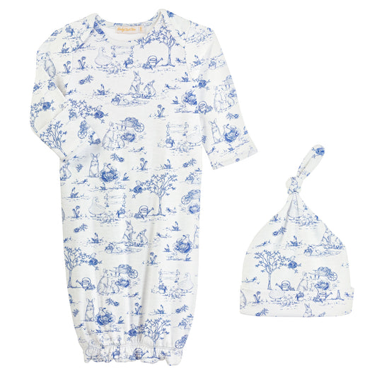 Printed Gown & Hat Set, Blue Toile Bunnies