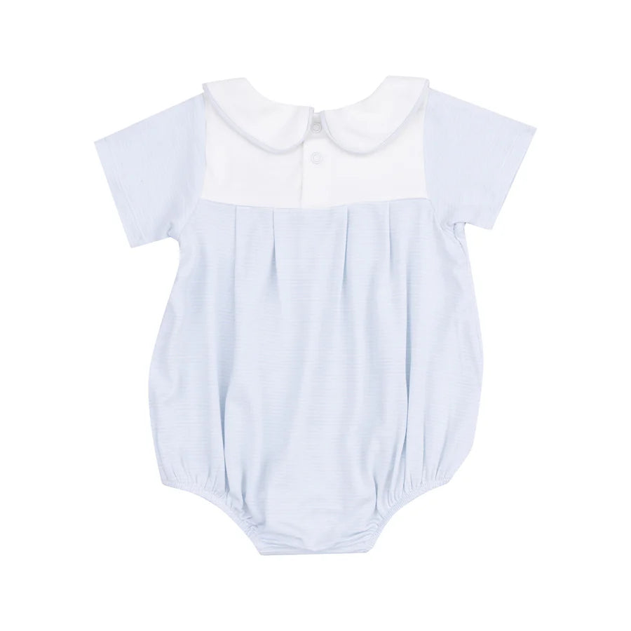 Angel Dear Bamboo fabric box pleat bubble blue and white stripe and peter pan collar