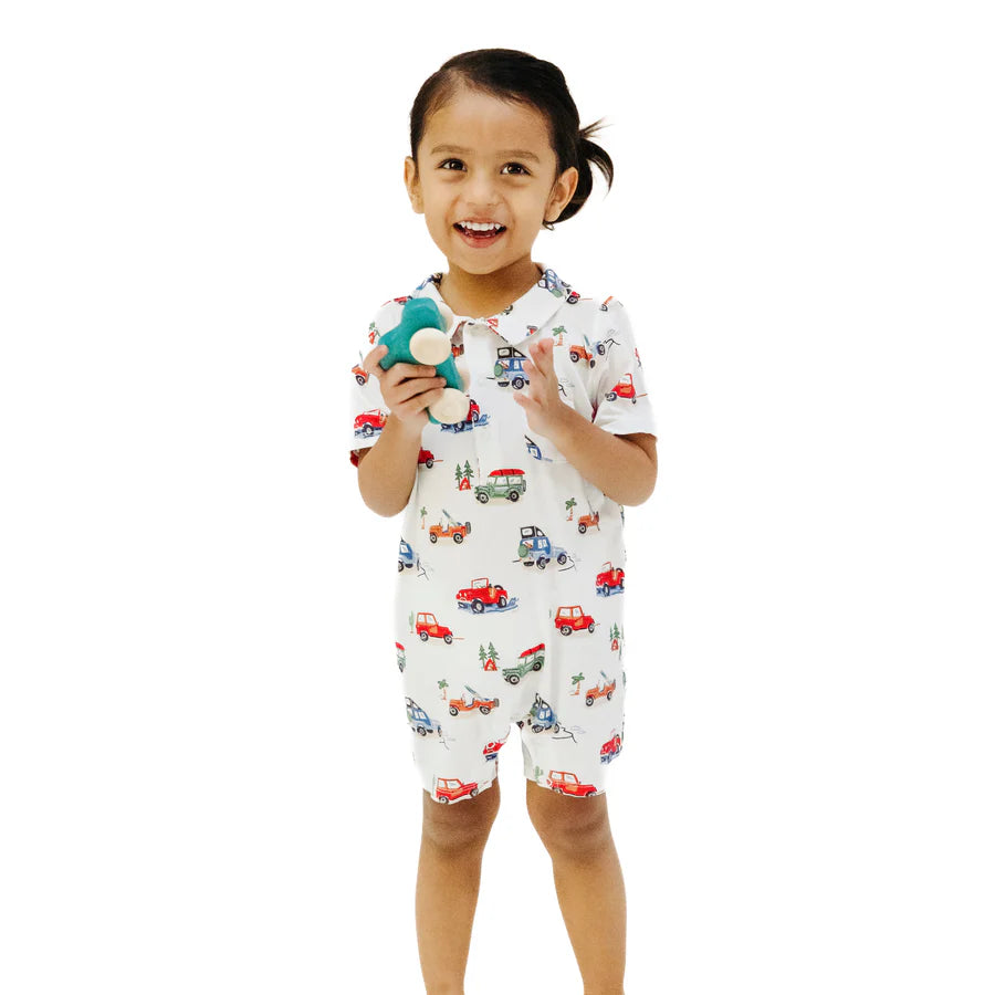 Angel dear bamboo fabric polo shortie in off road adventure print featuring jeeps 