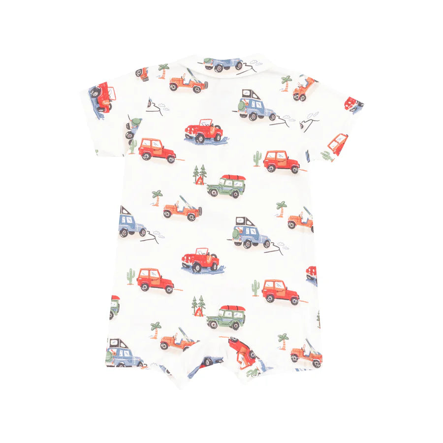 Angel dear bamboo fabric polo shortie in off road adventure print featuring jeeps 