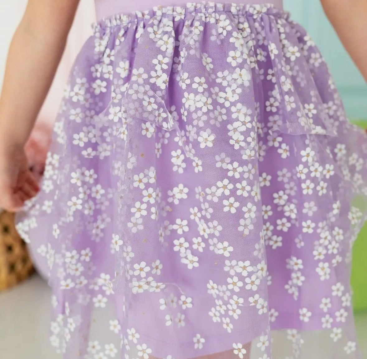 Lavender Ditsy Daisy Tiered Short Sleeve Tutu Dress