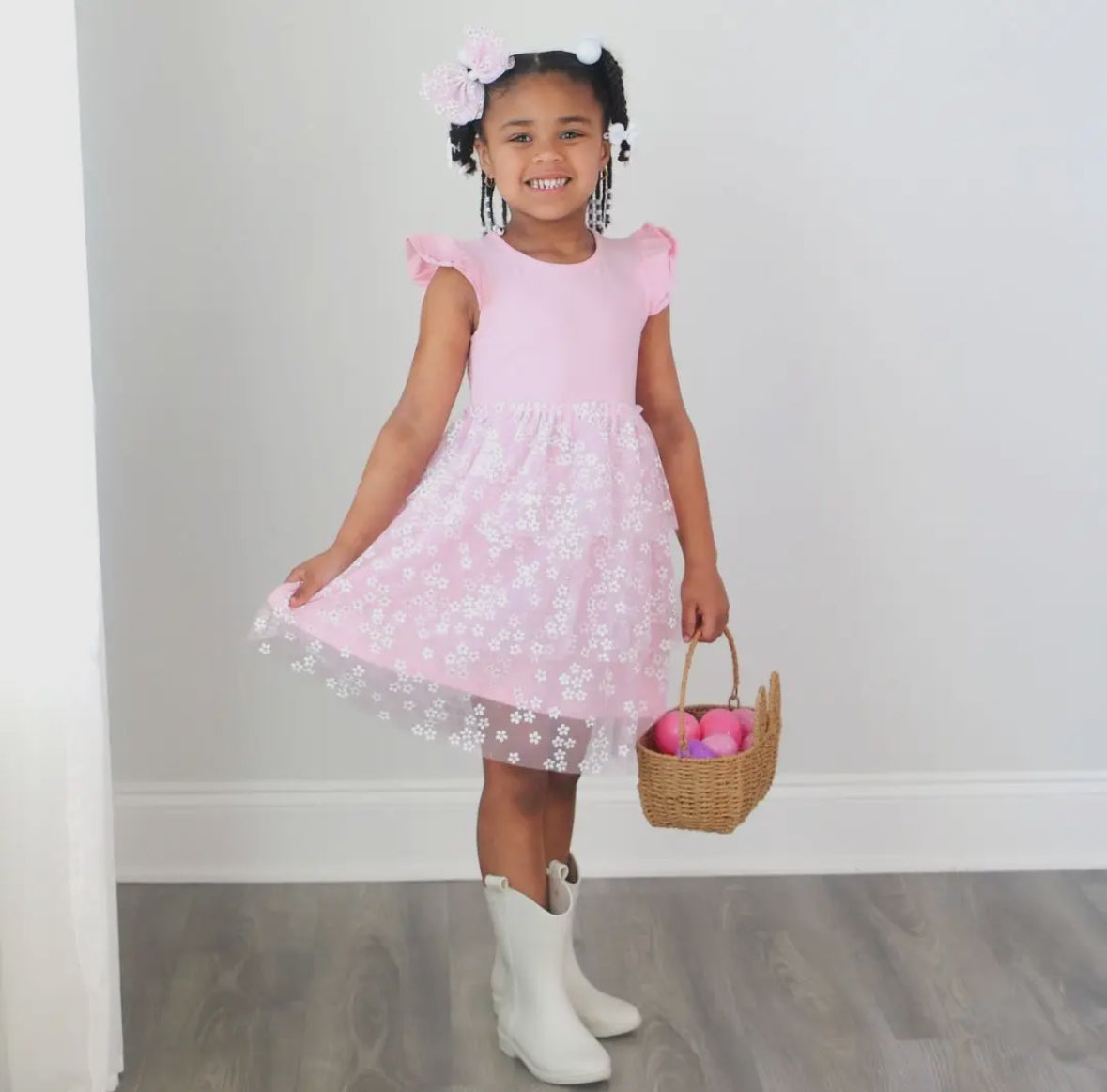 Pink Ditsy Daisy Tiered Short Sleeve Tutu Dress