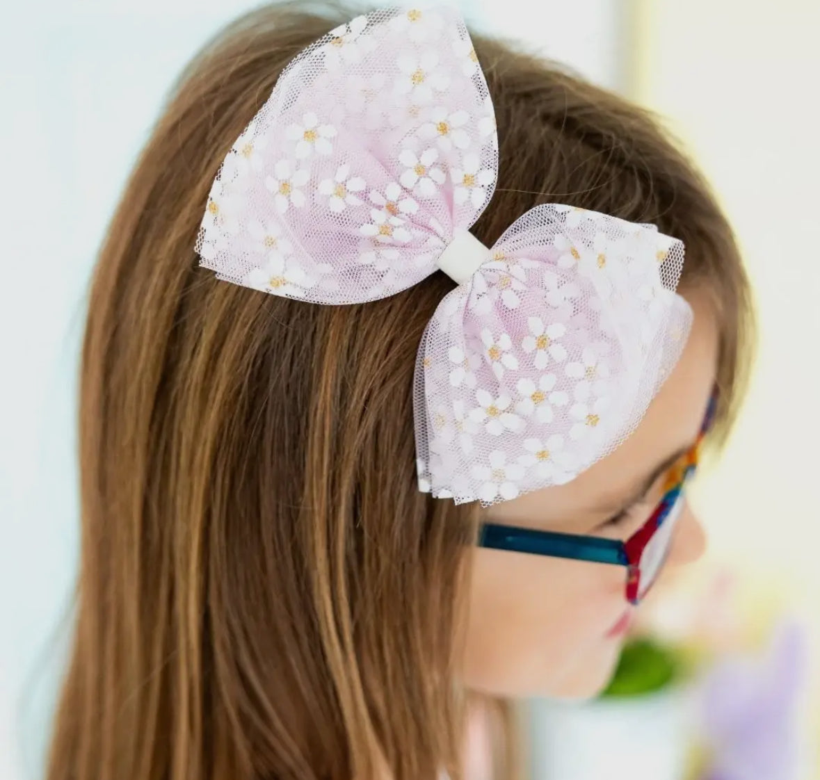 Pink Ditsy Daisy Tulle Bow Clip