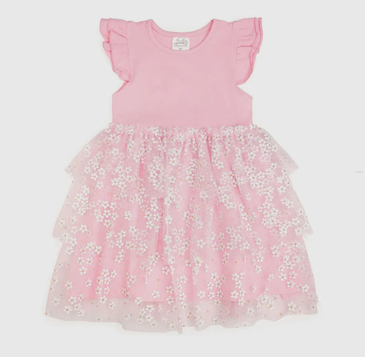 Pink Ditsy Daisy Tiered Short Sleeve Tutu Dress