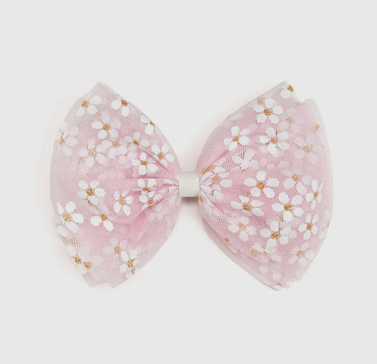 Pink Ditsy Daisy Tulle Bow Clip