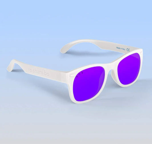 Ice Ice Baby Shades, White Frame Sunglasses w/ Polarized Mirrored Purple Lens