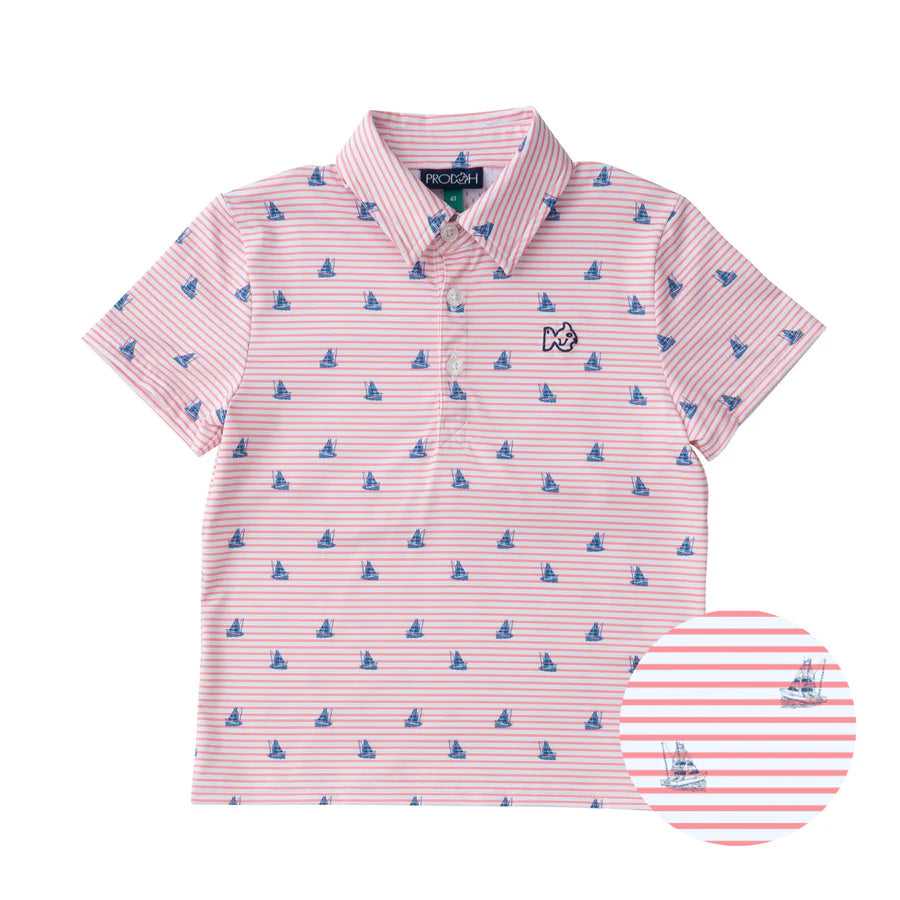 BOYS SHORT SLEEVE PRO PERFORMANCE POLO IN FISHING BOAT PRINT ON SPICED CORAL STRIPE