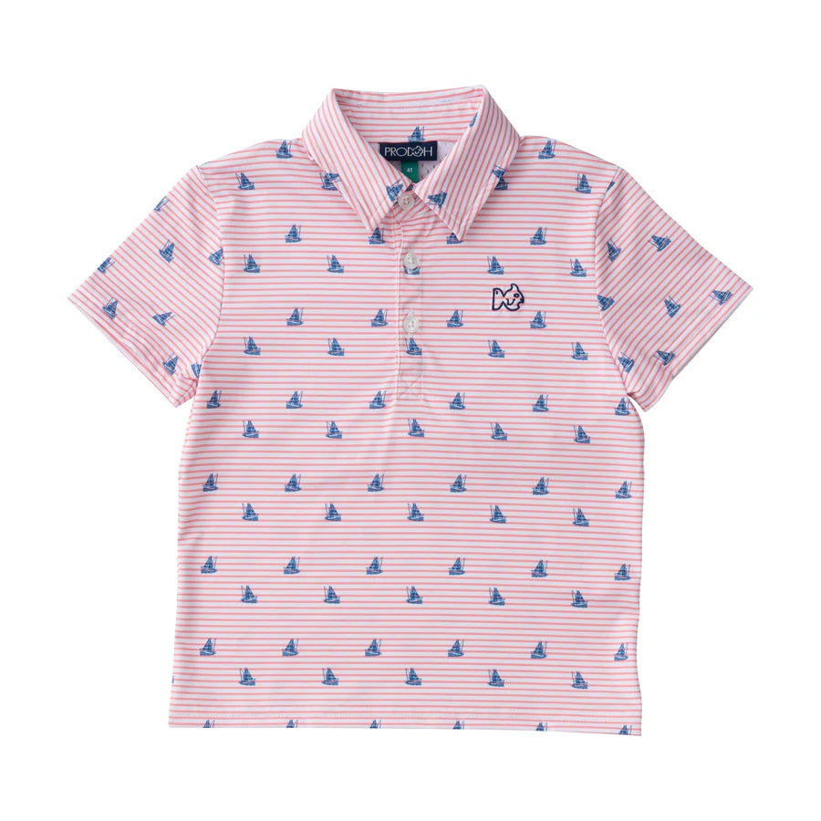 BOYS SHORT SLEEVE PRO PERFORMANCE POLO IN FISHING BOAT PRINT ON SPICED CORAL STRIPE