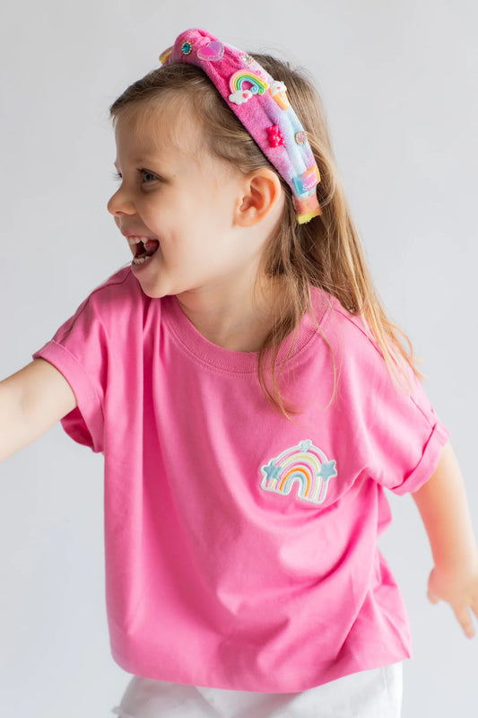 Embroidered SS Rainbow Tee, Pink