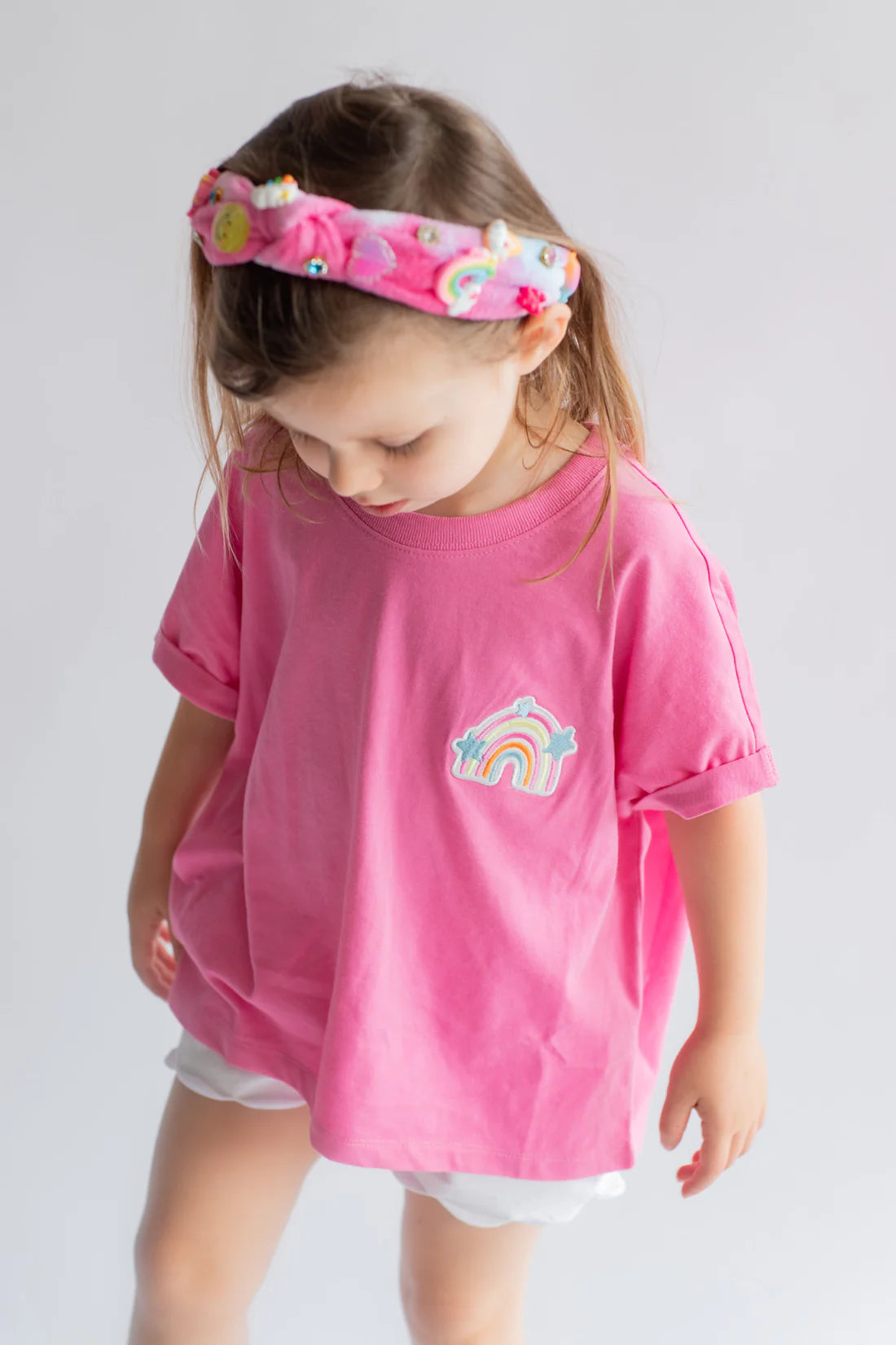 Embroidered SS Rainbow Tee, Pink