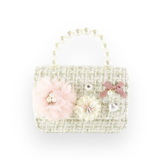 Floral Appliques Tweed Purse, Cream