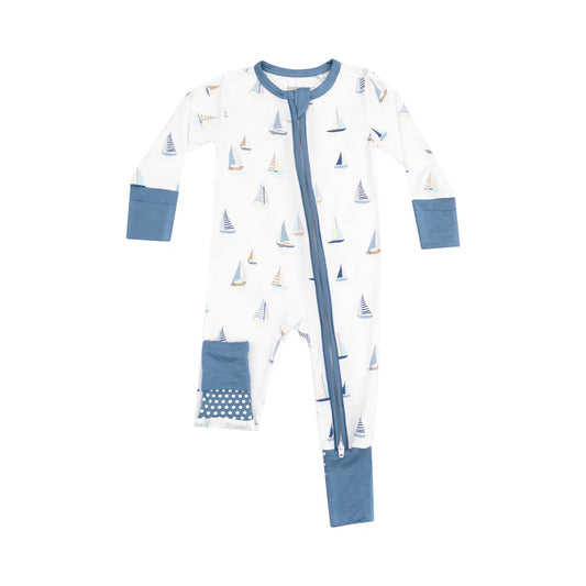 2 Way Zipper Romper, Sailboats Blue