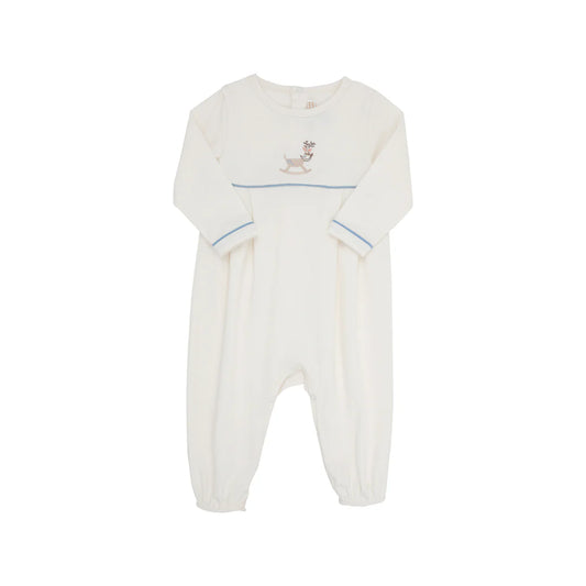 Long Sleeve Bradford Romper, Palmetto Pearl with Barrington Blue & Reindeer Rocking Horse Embroidery