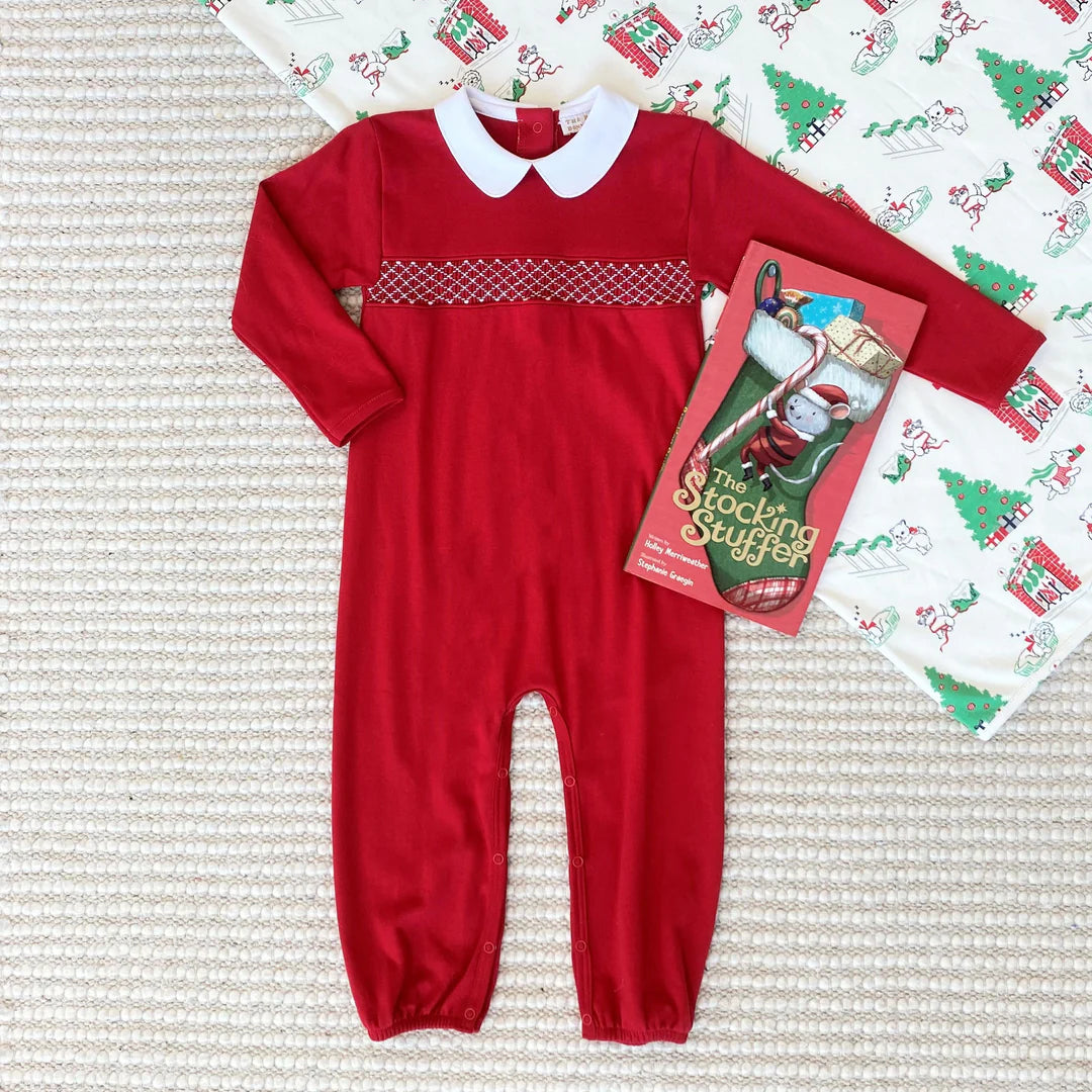 Rigsby Romper, Richmond Red with Worth Avenue White Smocking