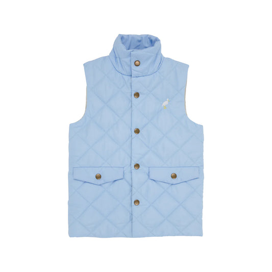 Vaughn Vest, Beale Street Blue with Keeneland Khaki Stripe Lining with Brass Snaps and Multicolor Stork