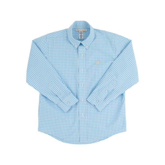 Dean’s List Dress Shirt, Brookline Blue Mini Gingham with Keeneland Khaki Stork