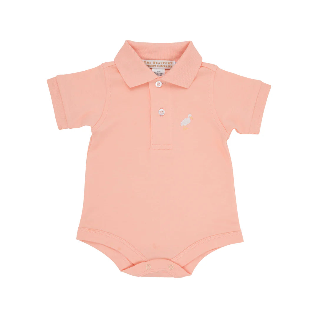 Prim & Proper Polo & Onesie, Pompano Peach with Multicolor Stork