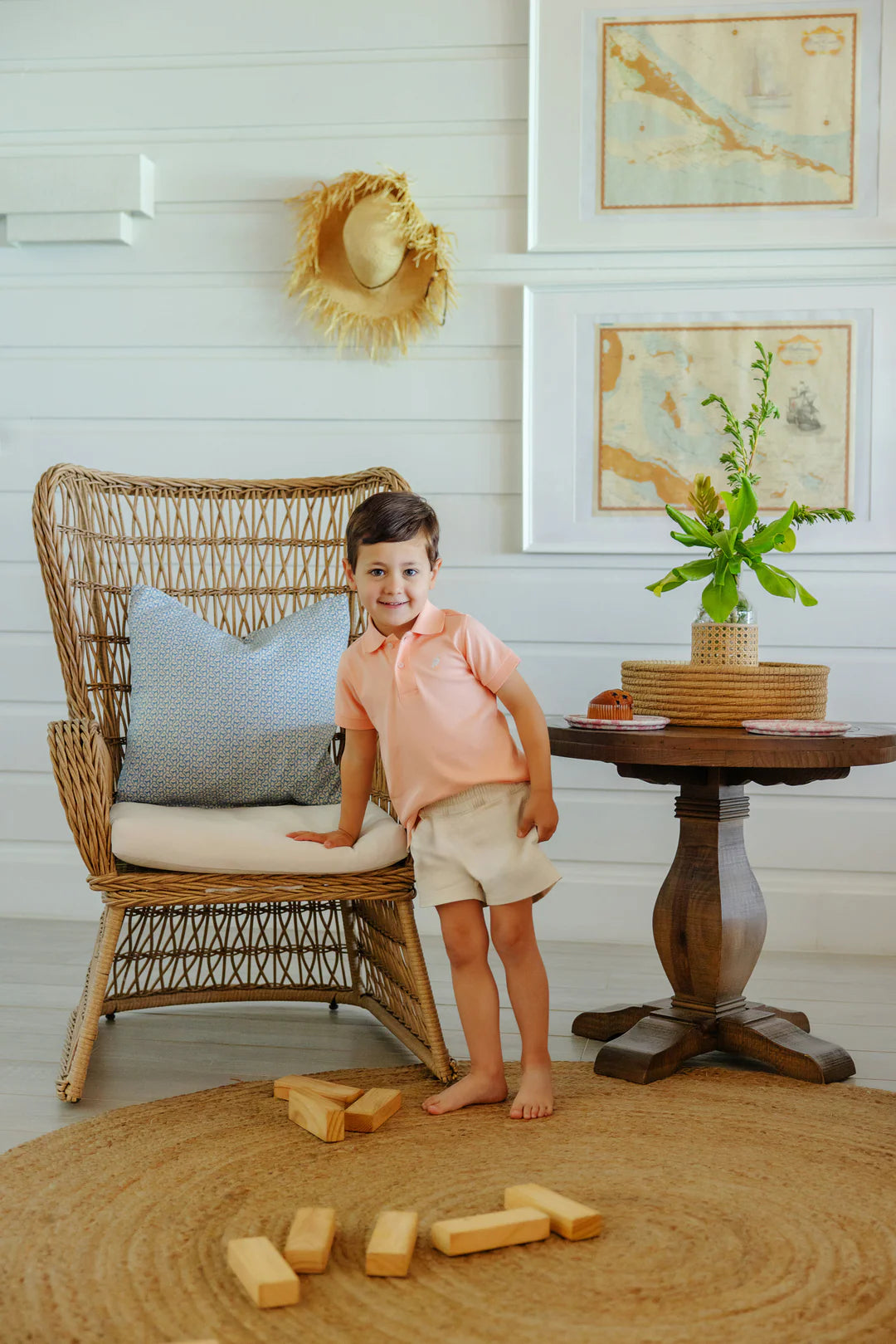 Prim & Proper Polo & Onesie, Pompano Peach with Multicolor Stork