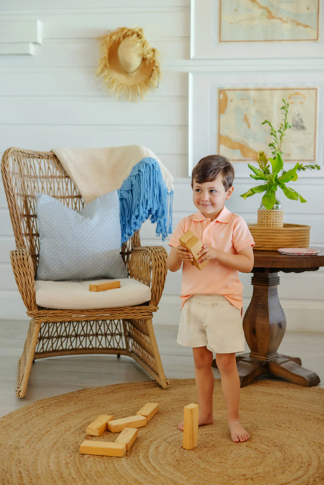 Prim & Proper Polo & Onesie, Pompano Peach with Multicolor Stork