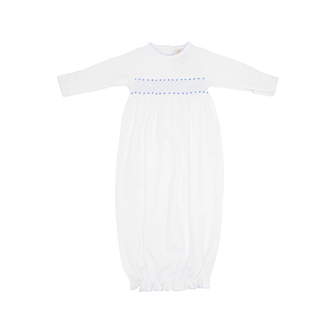 Sweetly Smocked Greeting Gown, Worth Avenue White with Buckhead Blue