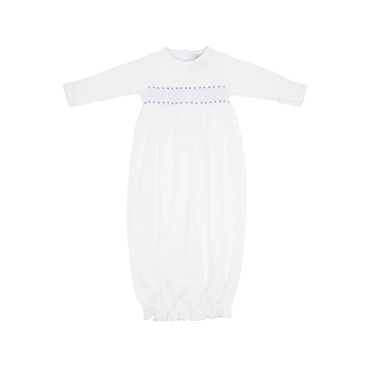 Sweetly Smocked Greeting Gown, Worth Avenue White with Buckhead Blue