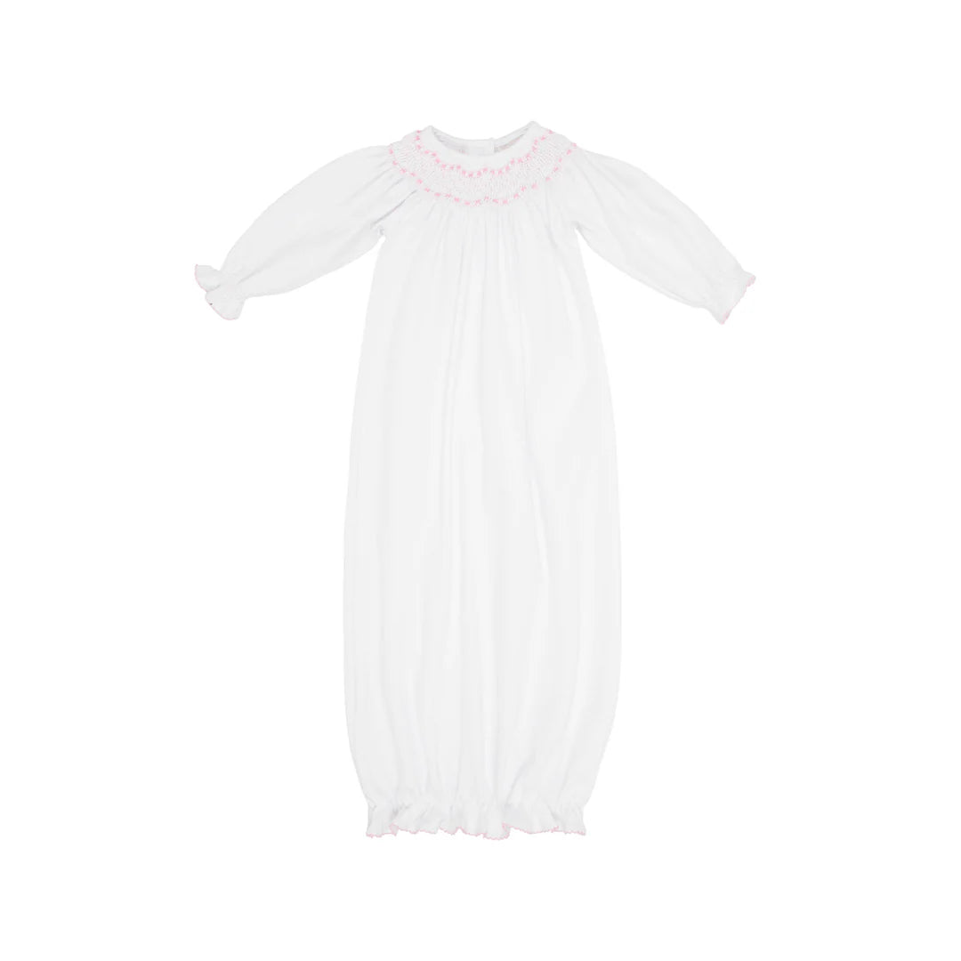 Sweetly Smocked Greeting Gown, Worth Avenue White with Palm Beach Pink