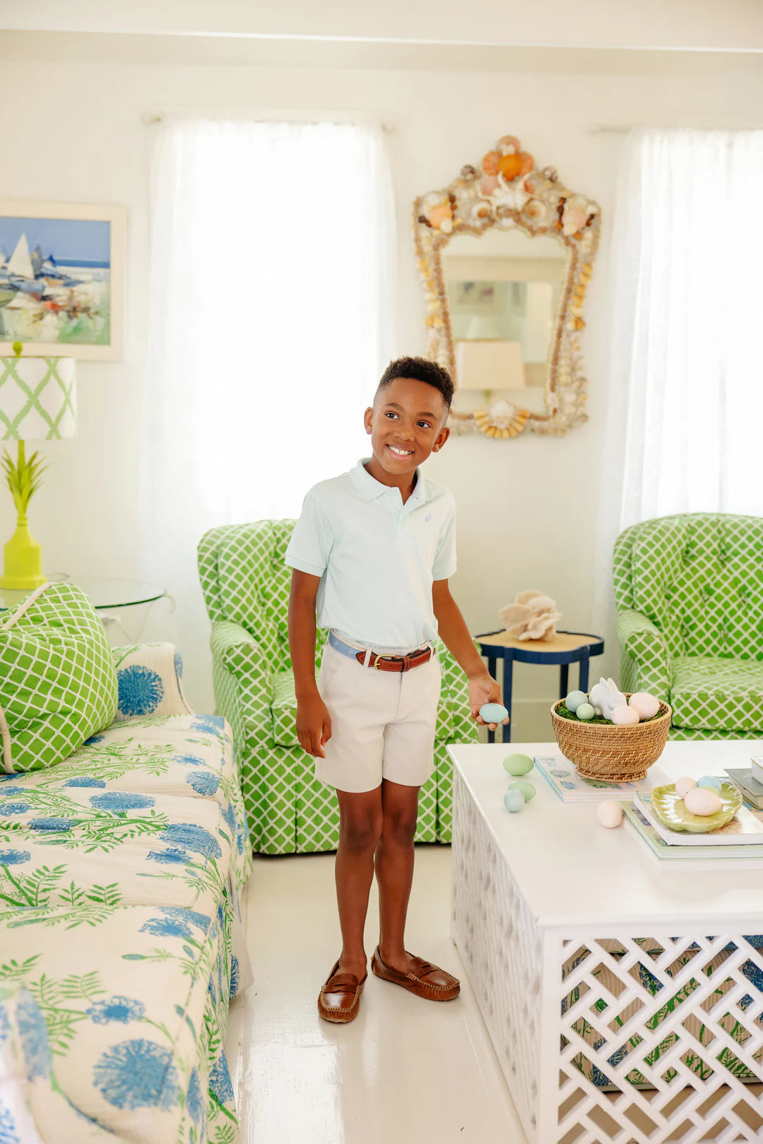 Prim & Proper Polo & Onesie, Sea Island Seafoam with Beale Street Blue Multicolor Stork