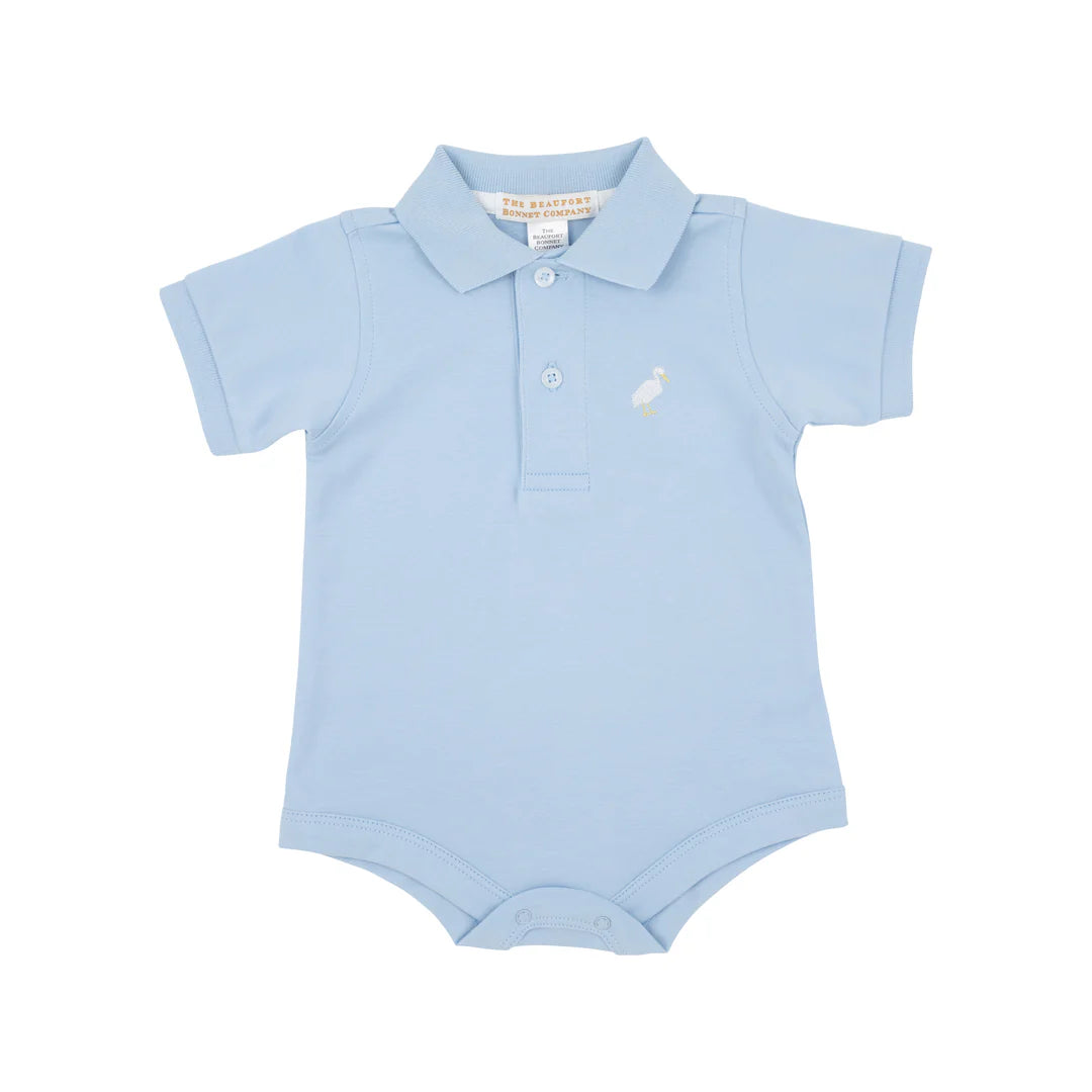 Prim & Proper Polo & Onesie, Beale Street Blue with Multicolor Stork